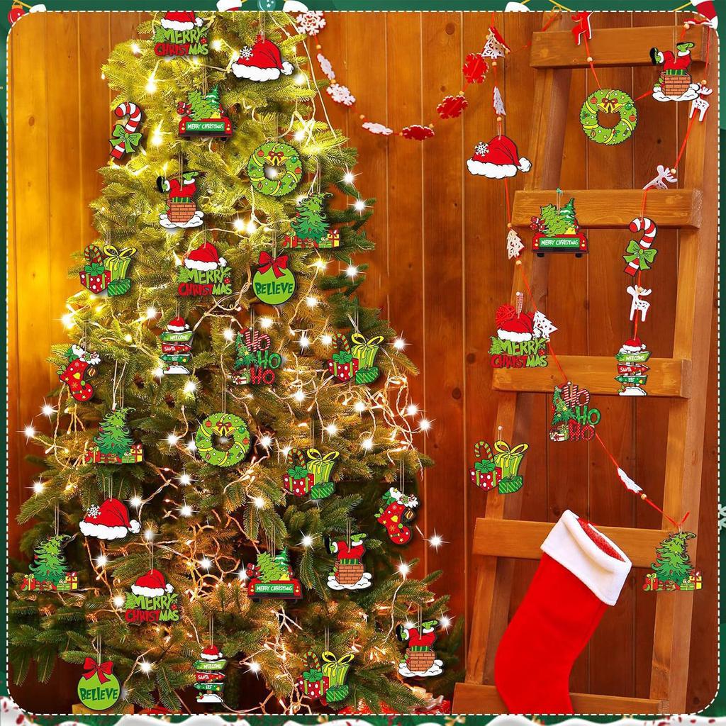 12/24PC Christmas Elf Green Hair Monster Wooden Pendant Xmas Party Christmas Tree Decor Home Festival Scene Hanging Decor Gift