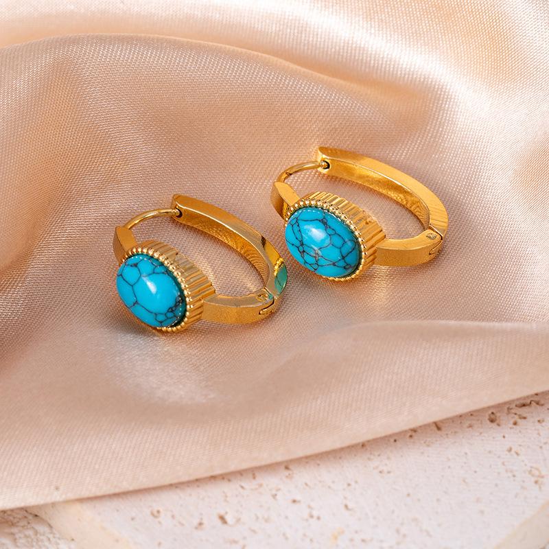 High-end Geometric Stainless Steel Stud Earrings with Imitation Blue Turquoise Cat's Eye