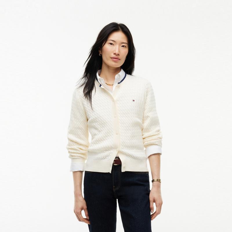 Tommy Hilfiger Cotton Cable Knit Casual Trimmed Round Neck Cardigan Women cardigans XW09142