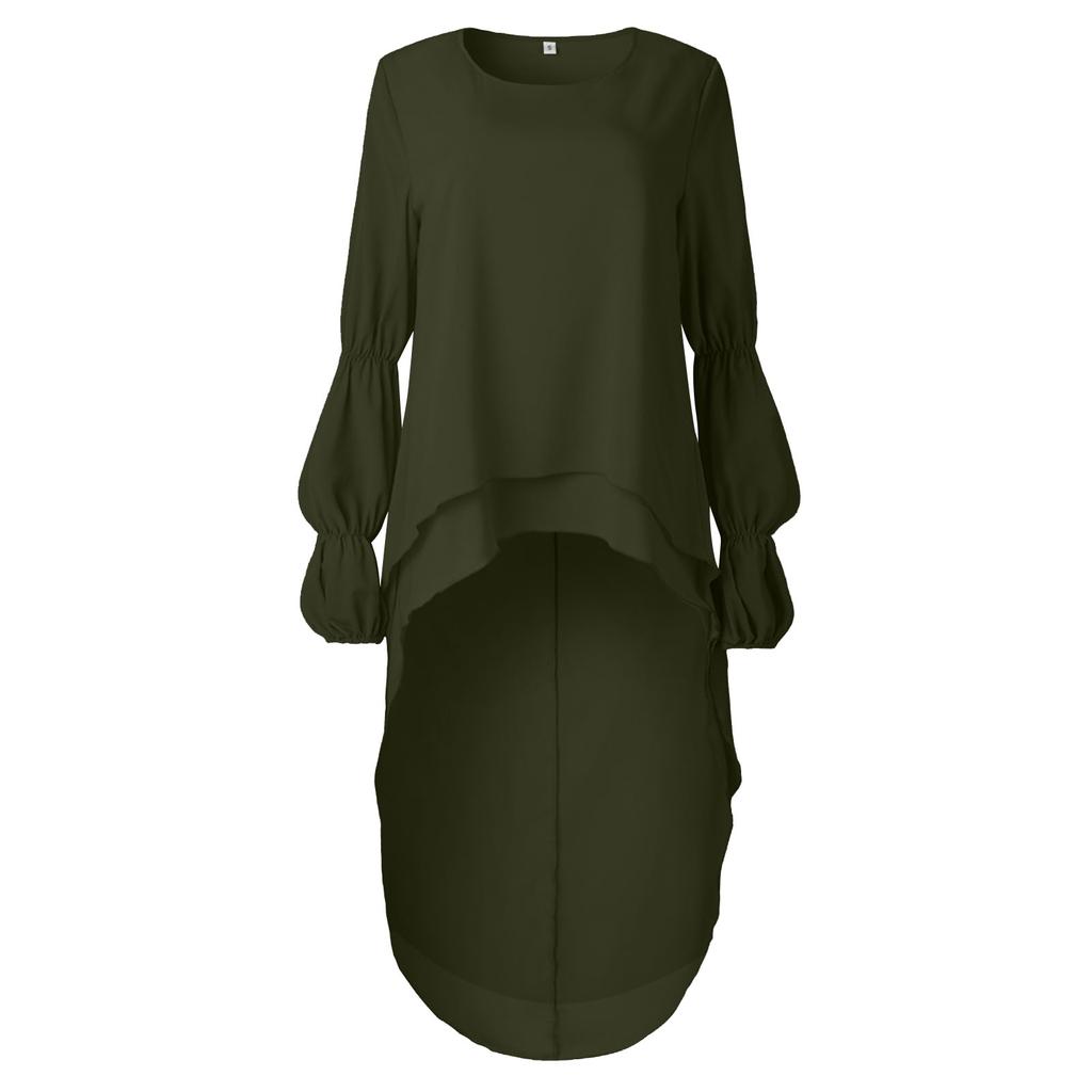 Women's Casual Loose Round Neck Long Sleeve High Hem Irregular Top Shirt