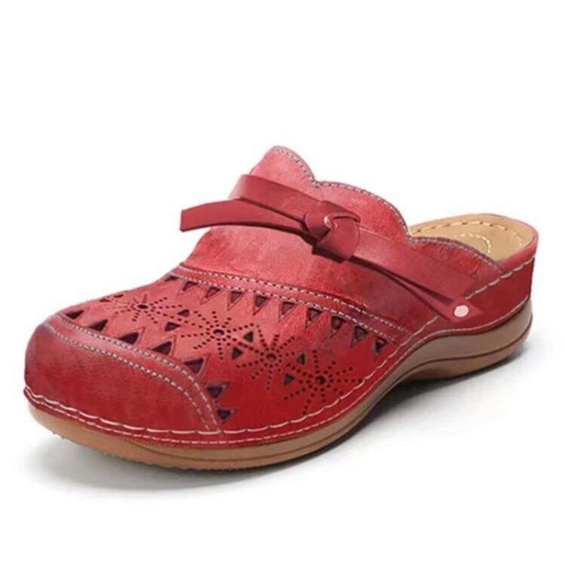 Baotou Hollow Half Slippers Women's Outer Wear Summer New Middle Heel Soft Sole Flower Cool Slippers Wedge Heel Women's Shoes