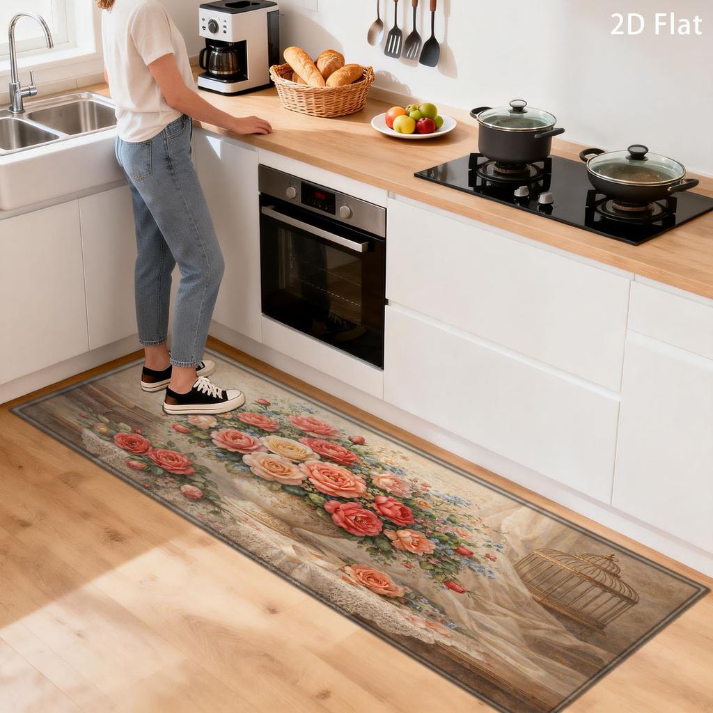 1Pcs Anti Fatigue Kitchen Rugs Vintage Rose Flower Print Waterproof Non Slip Thick Cushioned Mat