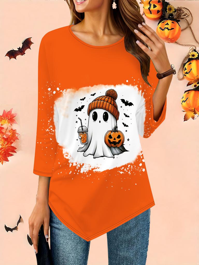 Γυναικείο Φαρδύ Μπλουζάκι με Στρογγυλή Λαιμόκοψη και Μανίκι Τρία Τέταρτα 3D Μοτίβο Αποκριών Ιδανικό Δώρο για Απόκριες και Χριστούγεννα