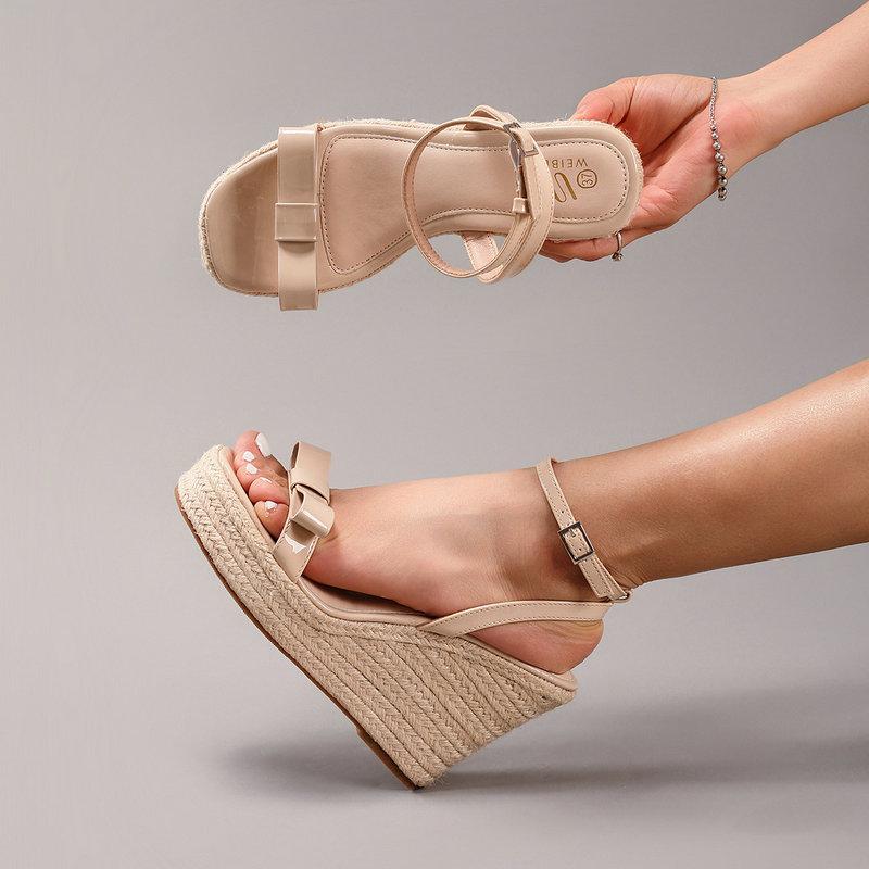 Fashion Hemp Rope Wedge Heel Bow Sandals, Summer Vacation Casual High-Heeled Flip-Flops, Platform High Heels