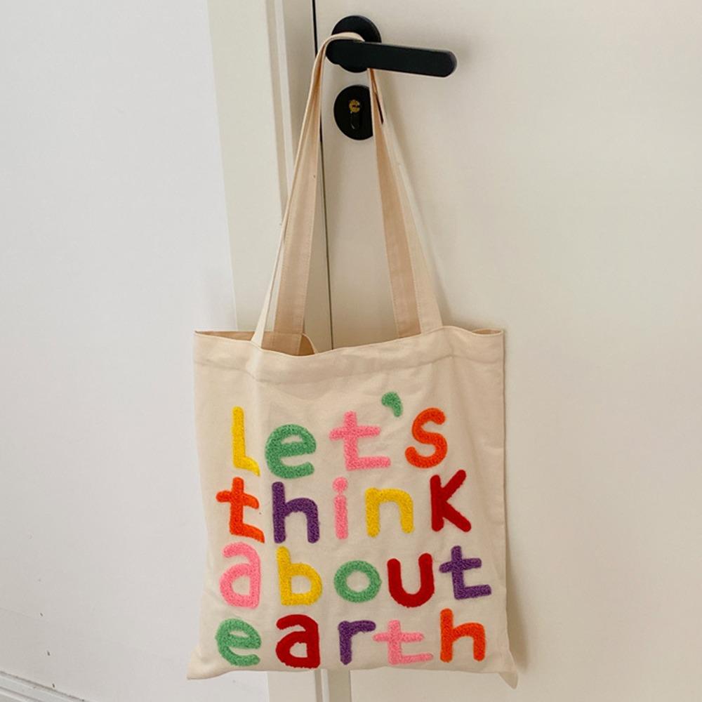 With Inner Bag Canvas Shopping Bag Colorful Letter INS Tote Bags Letter Embroidery Handbag  Women