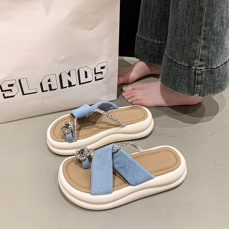 French thick-bottomed sandals women's summer outer wear muffin fashion pearl cover toe pinch feet high-end feeling not tired feet summer slippers