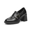 Cowhide retro round head double-breasted medium heel small leather shoes women's one-pedal loafers commuter shoes