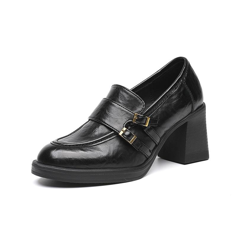 Cowhide retro round head double-breasted medium heel small leather shoes women's one-pedal loafers commuter shoes