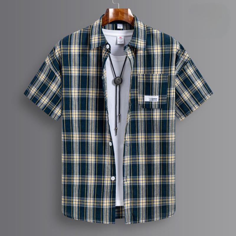 

Fashion korean popular clothes summer cotton brushed plaid short sleeve shirts for man slim fit casual plain shirt trends tops M