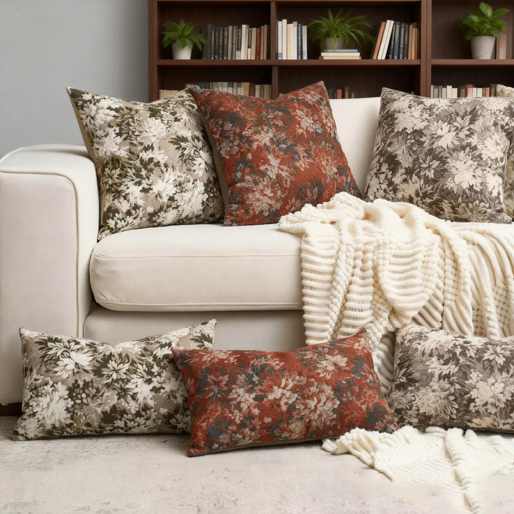 Vintage Neutral Floral Jacquard Throw Pillowcase Soft Decorative Farmhouse Accent Couch Pillow Case for Home Living Room Bed