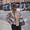 Double Breasted Solid Wool Blend Coat Women Casual Relaxed Fit Mid Length Outerwear