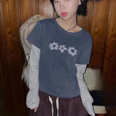 Women's Y2K Top O-neck Fake Double Contrast Striped Long Sleeve Flower Casual T-shirt