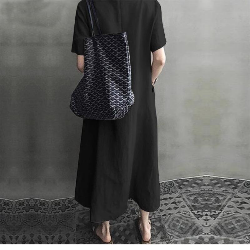 A Short Sleeved Dress with A V Neck and Large Pockets