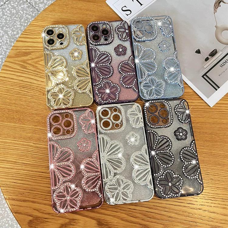 Glitzernder Farbverlauf Strass Blume Handyhülle für Apple 17 Pro Max - Mädchenhafter Stil (Passend für 11/12/15/16)