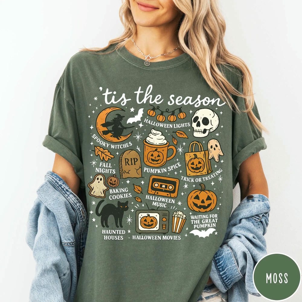 Women Vintage Dark Academia Vintage Halloween Comfort Shirt Tis the Season Pumpkin Witch Graphic Tshirt Unisex Top Streetwear