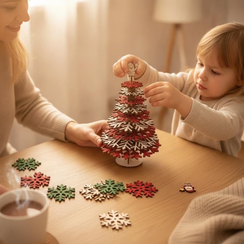 1Pcs Assemble Detachable Colorable Wooden Christmas Tree Diy 3D Snowflake Tabletop Ornament Christmas Decor Holiday Gift
