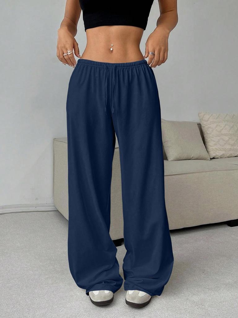 European & American Women's Solid Color Elastic Waist Wide-Leg Casual Pants