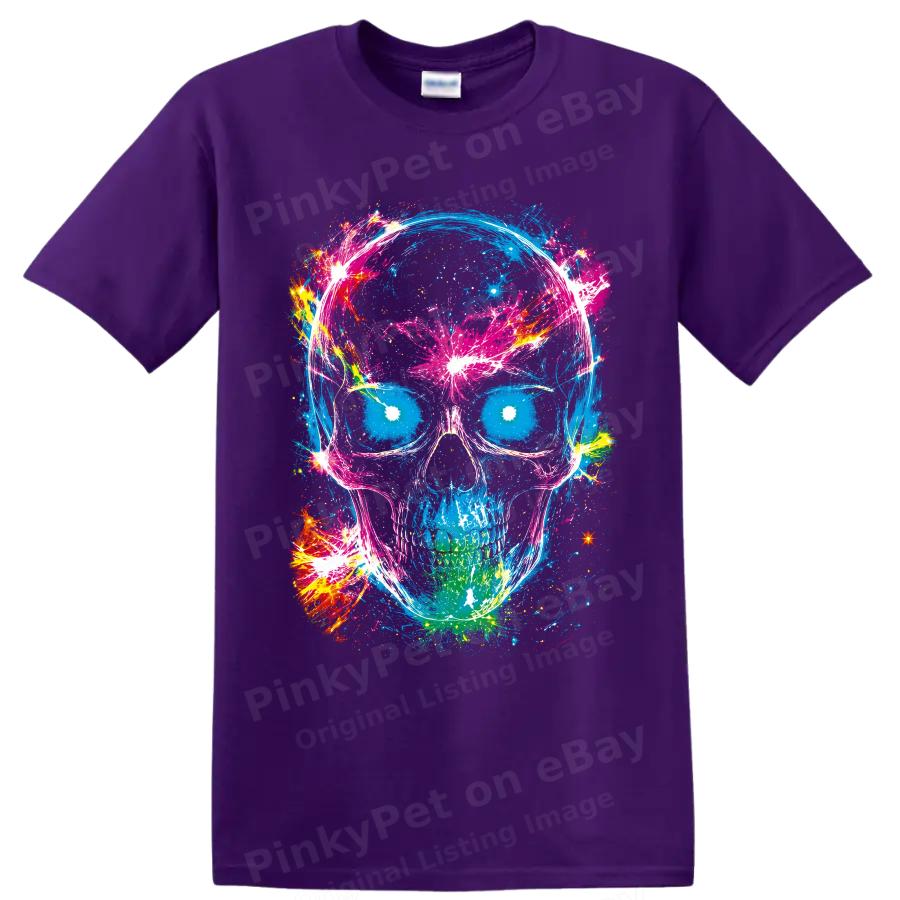 Neon Skull T Shirt W/ Abstract Paint Splatter Gothic Art Graphic Tee Unisex