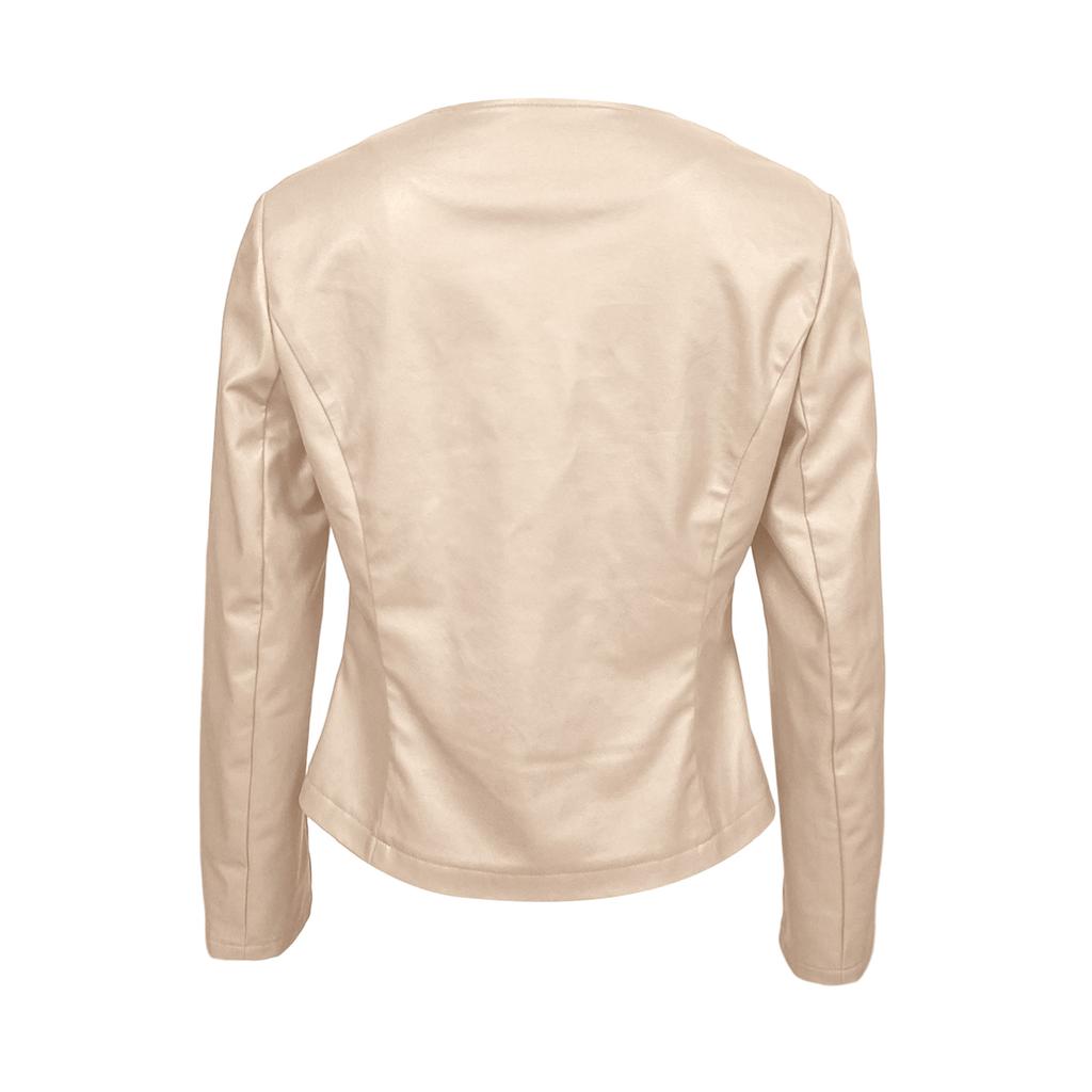 Women's Casual Long-Sleeved Solid Color PU Motorcycle Leather Jacket