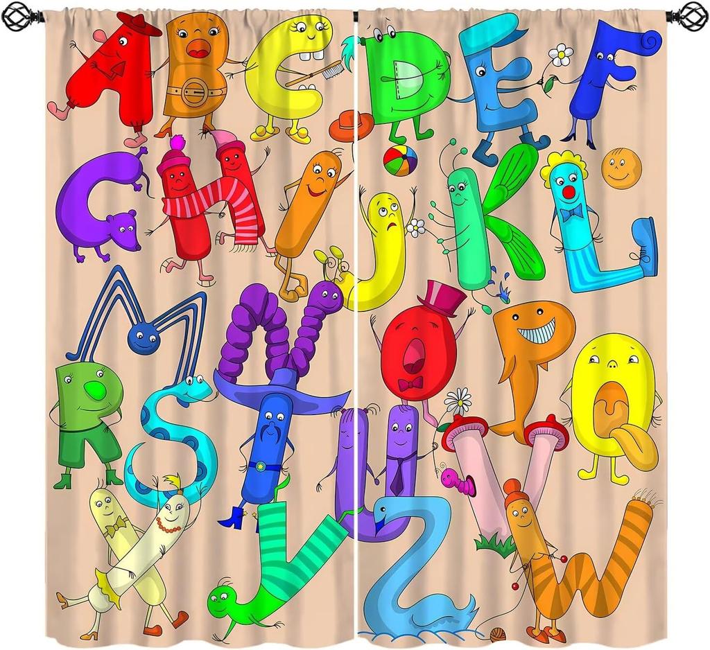 Funny Education Alphabet Abc Curtains,Cartoon Kids Learning Letters Watercolor Decor Rod Pocket Window Treatments For Boy Baby