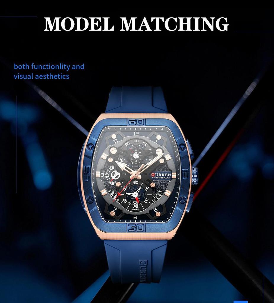 CURREN 8443 Wasserdichte Herren-Quarz-Multifunktionsuhr mit Sechs-Zeiger-Design und Tonnenform