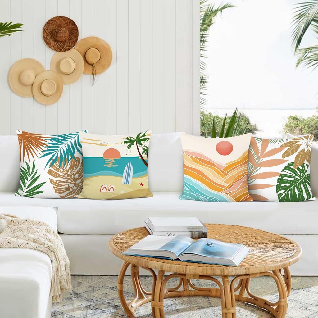 Tropical Beach Outdoor Pillow Covers Set Of 4 Summer Palm Hawaii Decorative Pillowcase Soft Velvet Cushion Covers For Couch