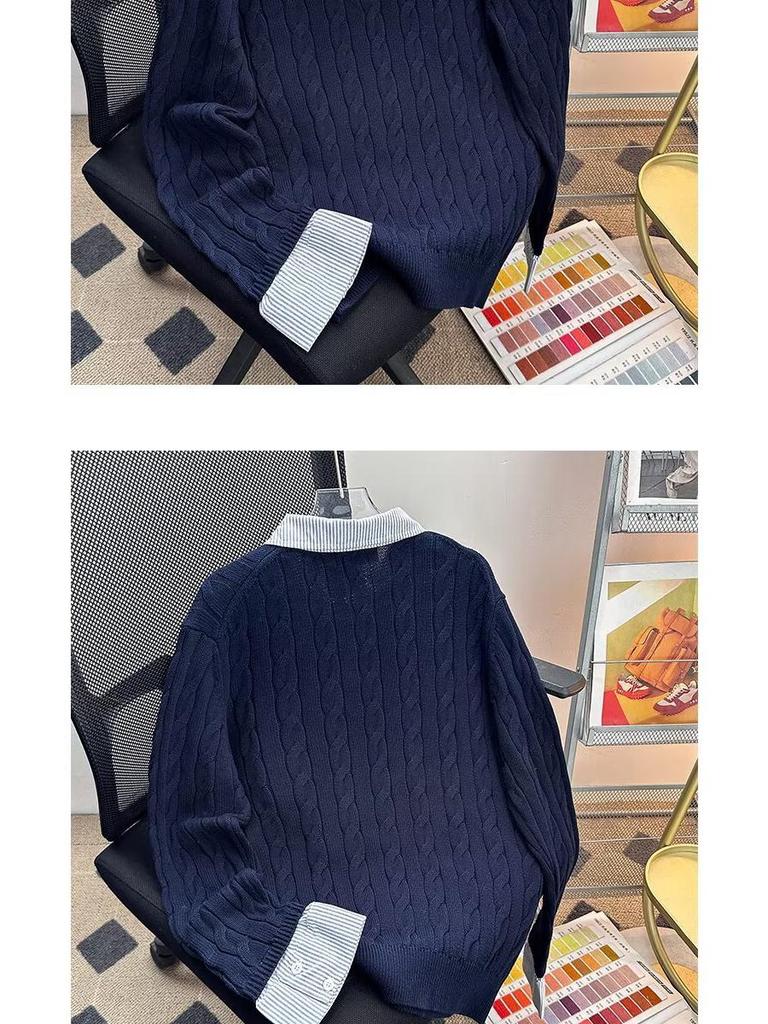 American Style Striped Cable Knit Polo Sweater - Men's Trendy Two-Piece Patchwork with Cleanfit Design