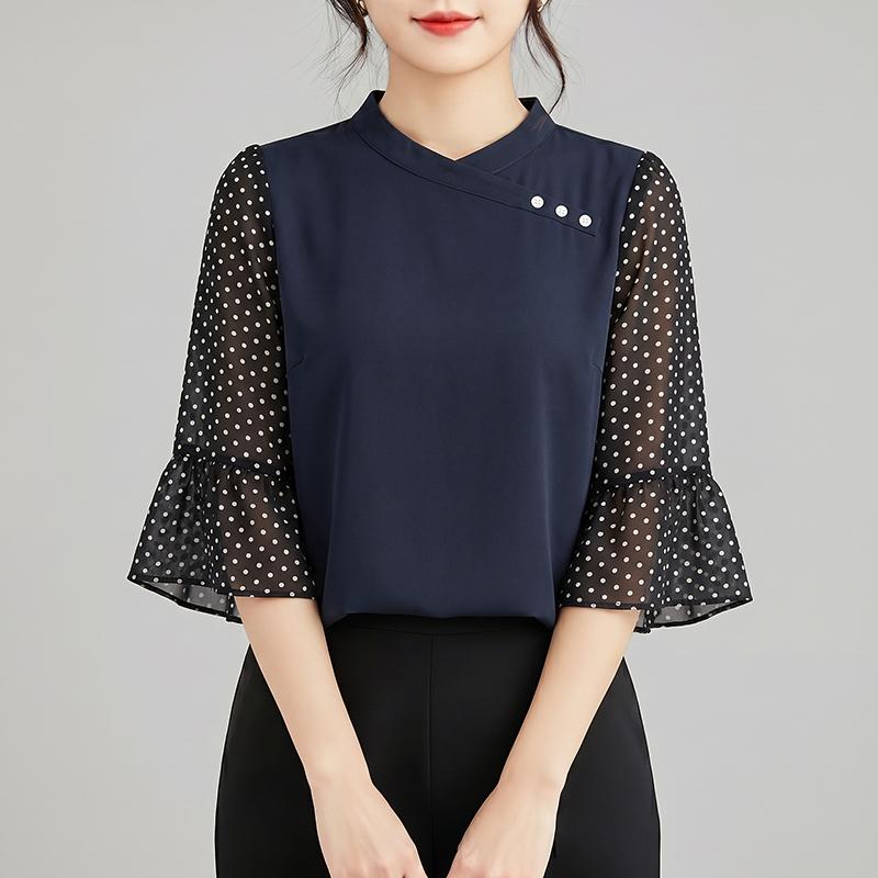 ZANZEA Women Casual Round Neck Polka Dot Print Splice 3/4 Sleeve Loose Blouse
