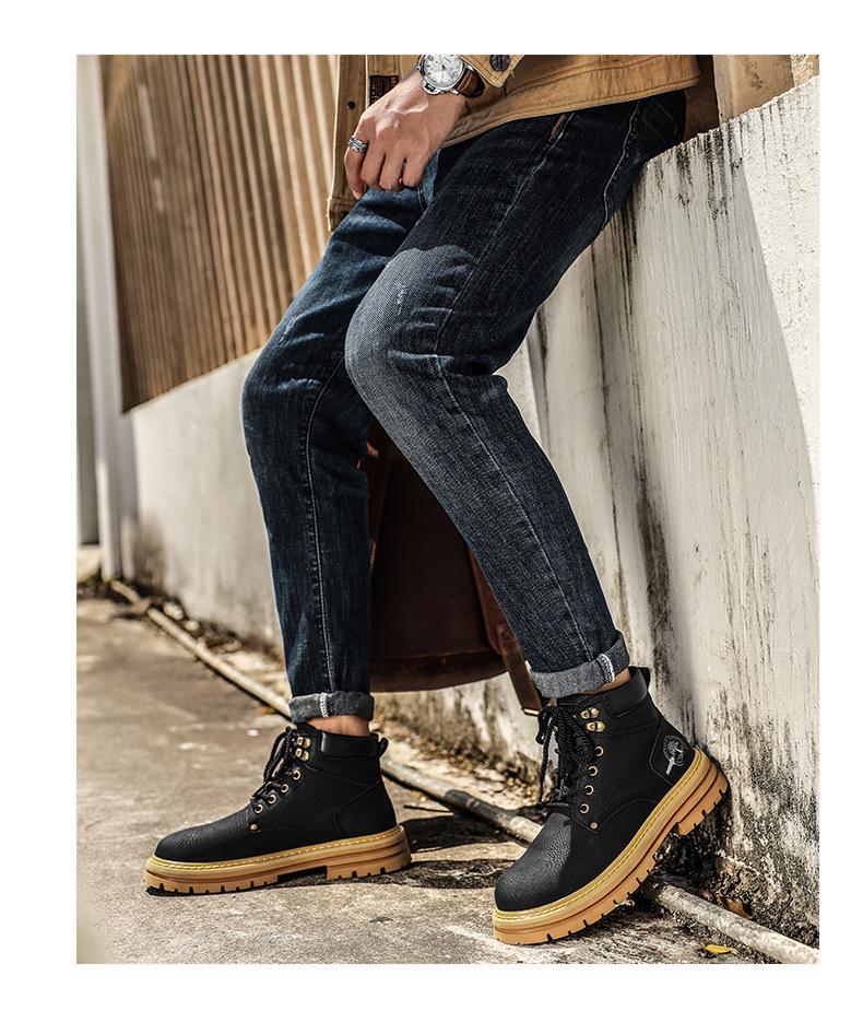 Men's Winter High-Top Genuine Leather Retro Martin Boots with Velvet Lining, British Style, Yellow