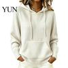 Daily Wear Hoodie Women Knit for Fall Winter, Long Sleeve Pullover Sweater Cozy Autumn Outerwear with Front Pocket, Solid Color Casual Hooded Top
