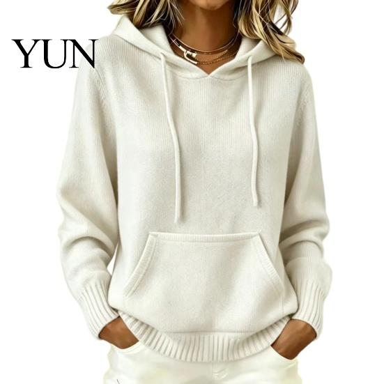 Daily Wear Hoodie Women Knit for Fall Winter, Long Sleeve Pullover Sweater Cozy Autumn Outerwear with Front Pocket, Solid Color Casual Hooded Top