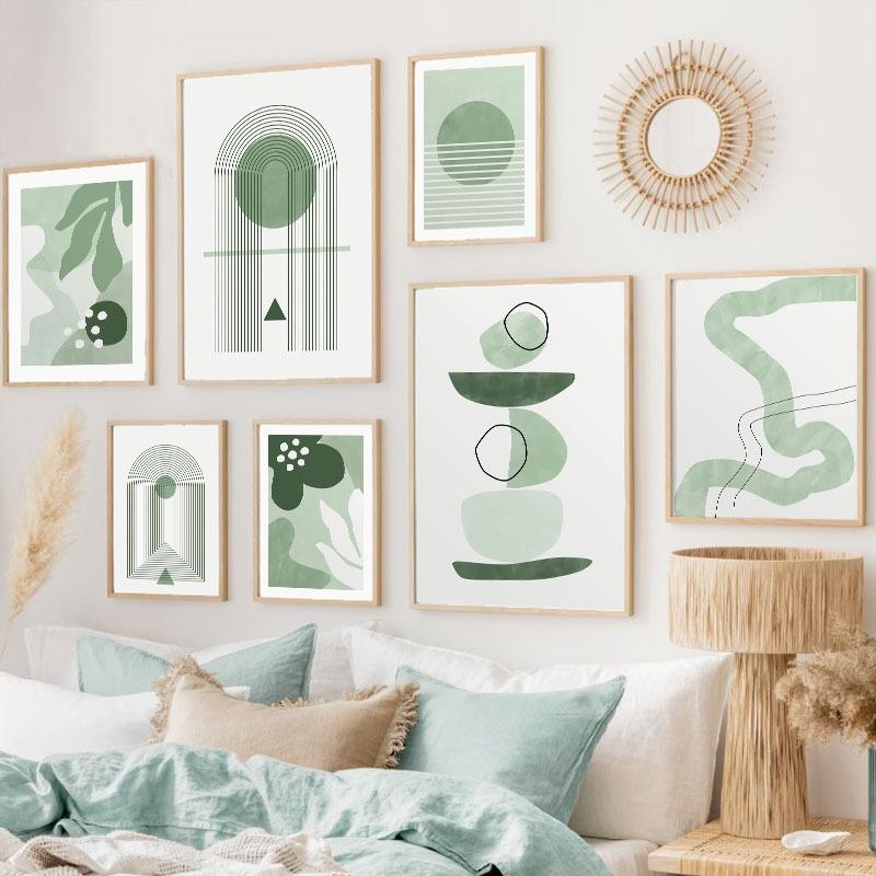 Boho Green Sun Lines Rainbow Leaves Geometry Abstract Posters Prints Wall Art Canvas Painting Pictures For Living Room Bar Decor