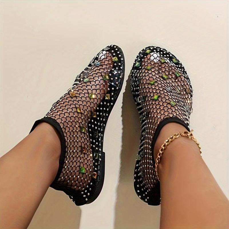 Lightweight Women's Colorful Rhinestone Sandals, Breathable Flat Mesh Glitter Beach Shoes for Water Seaside