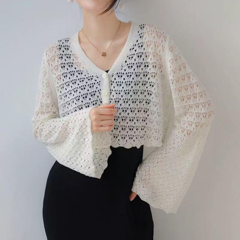 Female Hollow V-neck Knitted Cardigan Thin Cover Long Sleeved Solid Color Top Fashionable