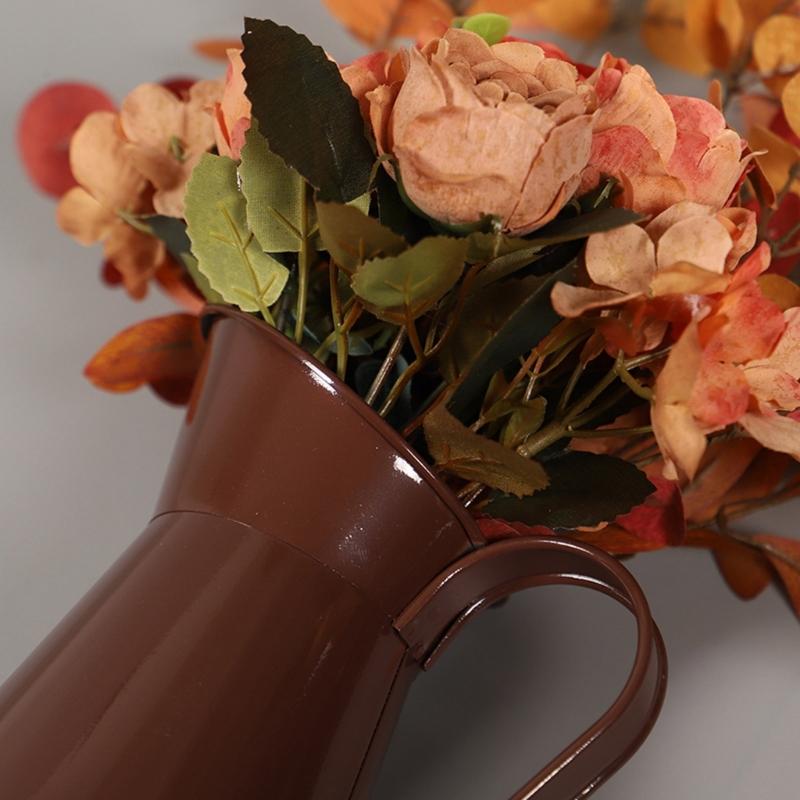 Artificial Rose Flower In Iron Bucket Artificial Leaf Plant Thanksgiving Table Centerpieces Decoration for Weddding
