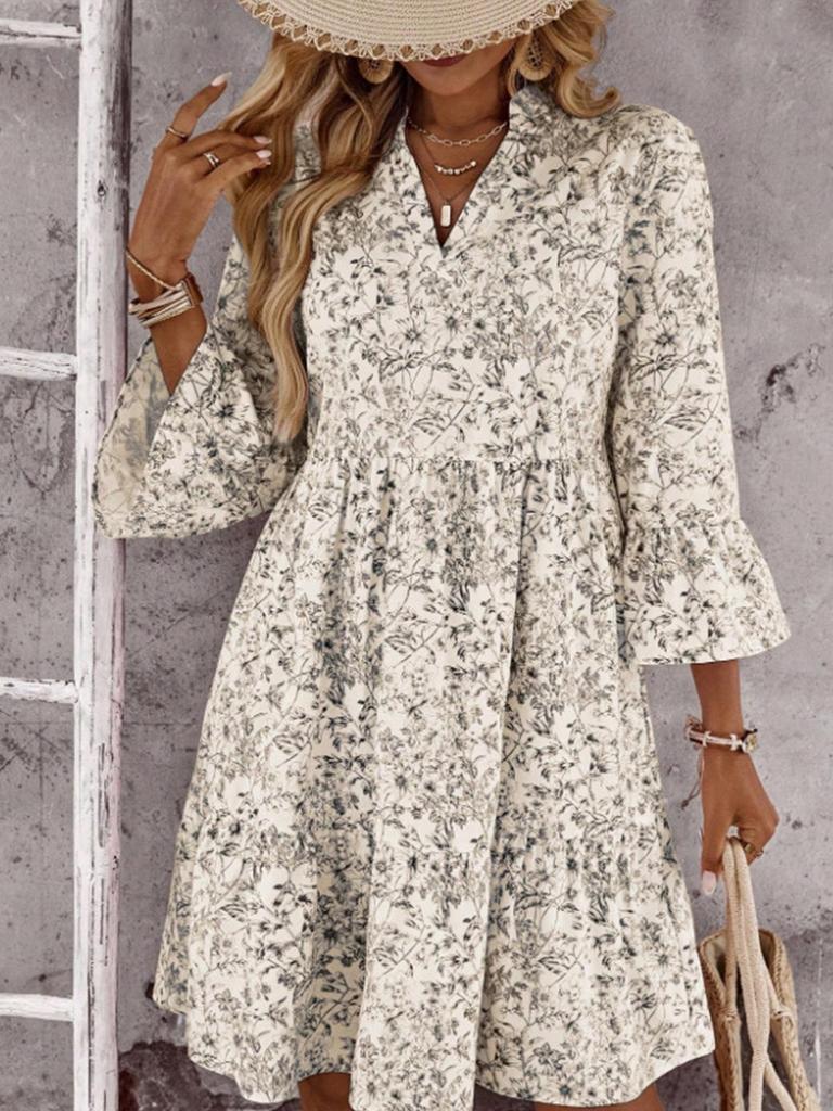 European & American Style Floral Bell Sleeve V-neck Midi Dress for Women