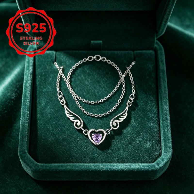 Ladies S Sterling Silver Layered Wing Heart Necklace with Purple Heart-shaped Synthetic Cubic Zirconia, Double-layer Chain Necklace, Hypoallergenic