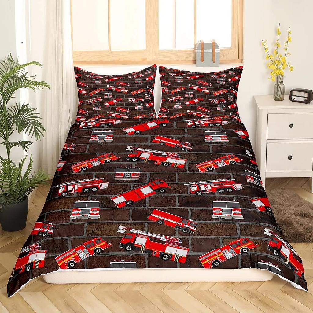 Fire Truck Fireman Duvet Cover King Queen Full Twin Size Cartoon Bedding Set for Boys Teens Polyester Quilt Cover
