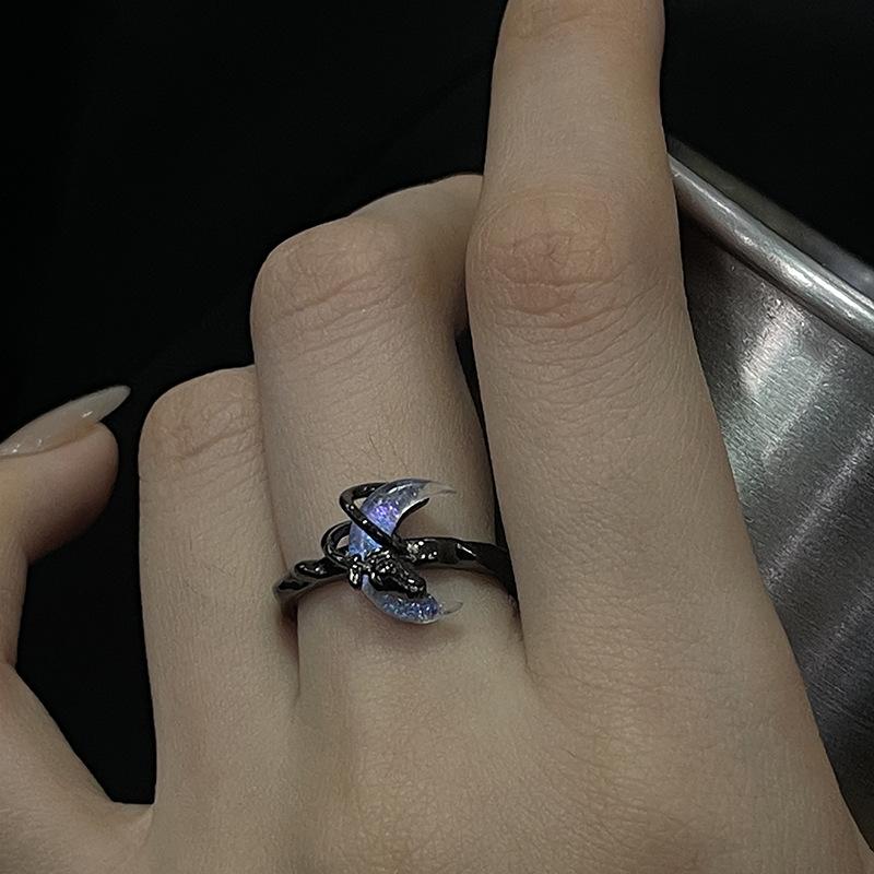 Dark Moon Bone Orchid Crescent Opening Ring Light Luxury High-End Niche Design Unique Fashion Personality Index Finger Ring