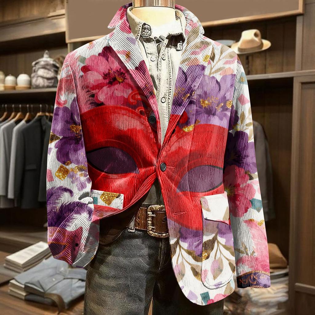 Men's Printed Corduroy Pocket Suit Jacket Cardigan Men's Casual Suit