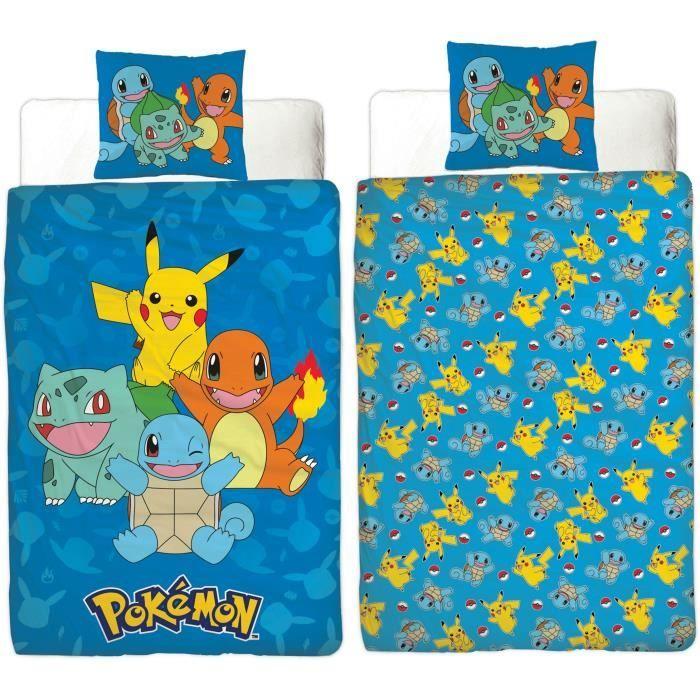 Parure De Lit Réversible - POKEMON - Pikachu Et Starter 1G II - Microfibre - 1 Housse De Couette 140 X 200 Cm + 1 Taie 63 X 63 Cm