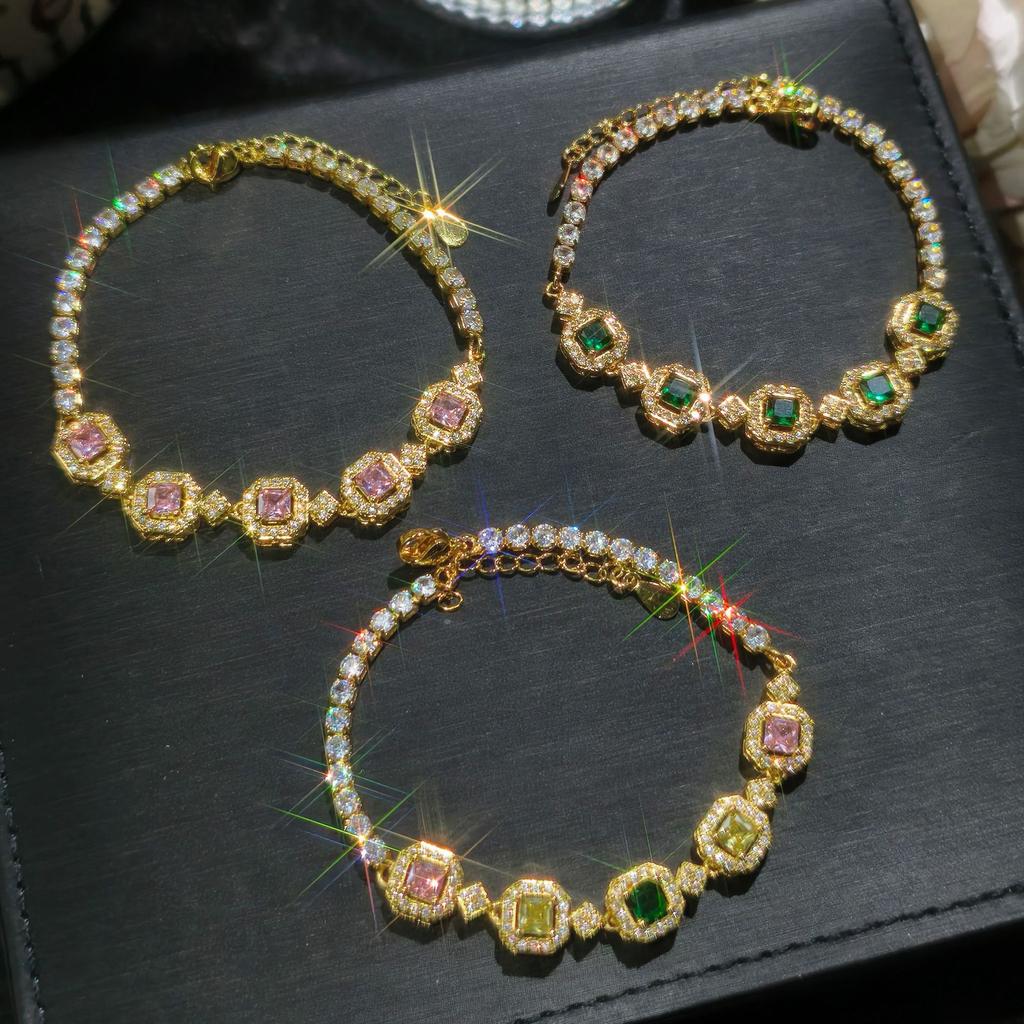 High-end Simulation Color Tourmaline Princess Square Full Diamond Bracelet Femininity Fashion Jewelry