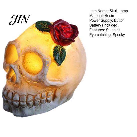 Skull Halloween Lamp Gothic Light Up Rose Flower Figurine, Day of Dead Resin Durable Statue, Spooky Skeleton Head for Desk Home Decor Party