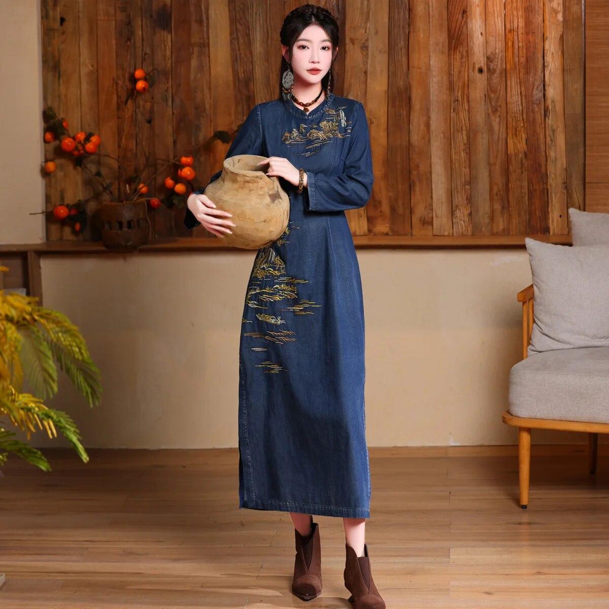

Johnature, женское весеннее винтажное хлопковое платье с воротником в китайском стиле с длинными рукавами и вышивкой L синий