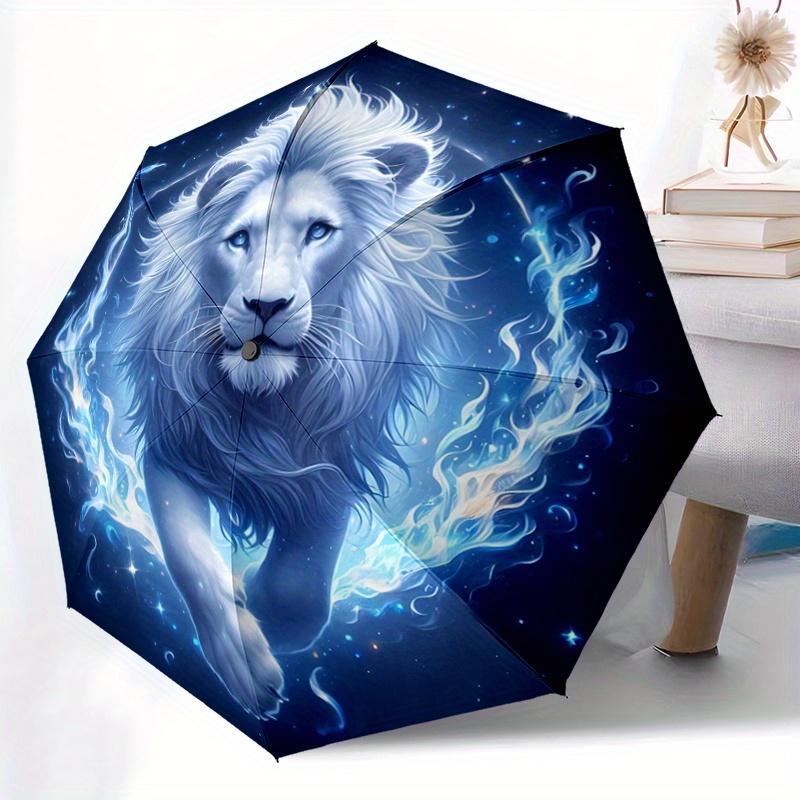 1pz Ombrello con Motivo Leone Maestoso Fiamma Blu, alla Moda, Personalizzato, Ombrello Pieghevole di Alto Valore, un Must-Have per l'Estate, 8 Stecche Resistenti in Ferro