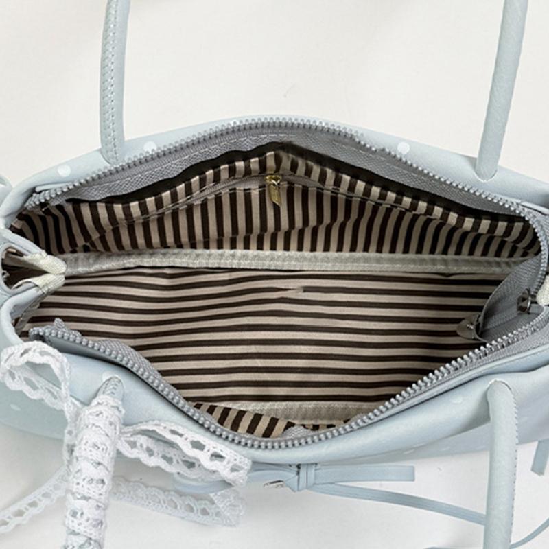 Bow-tie Lace Trim Shoulder Bag Korean Popular Polka Dot Handbags Cute Elegant Underarm Bag Zippered Large-capacity Commuter Bag