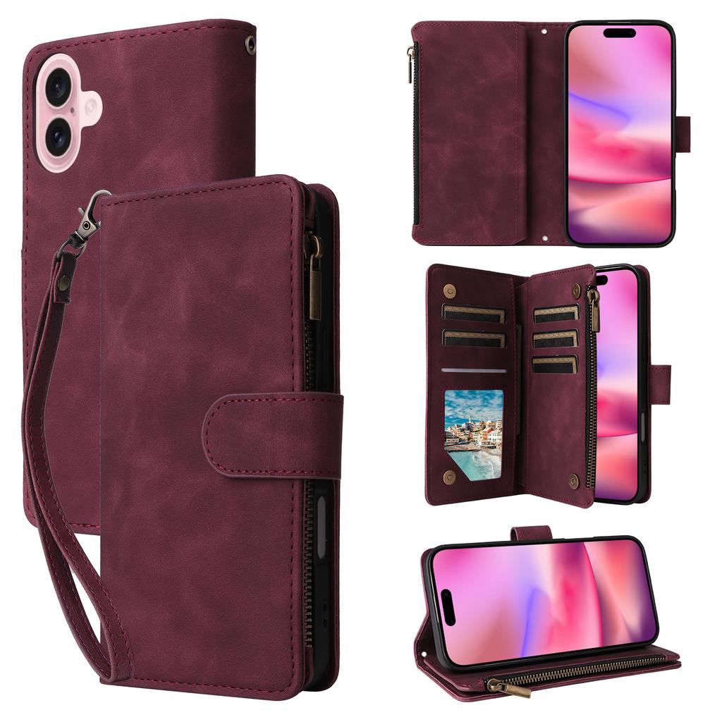 For iPhone 17 Case Zipper Wallet Multiple Card Slots Leather Phone Cover with Wrist Strap