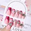 24Pcs Pink French Leopard Hello Kitty False Nails 3D Y2k Star Heart Kitty Cat Rhinestones Press On Nails Cute Cartoon Fake Nails