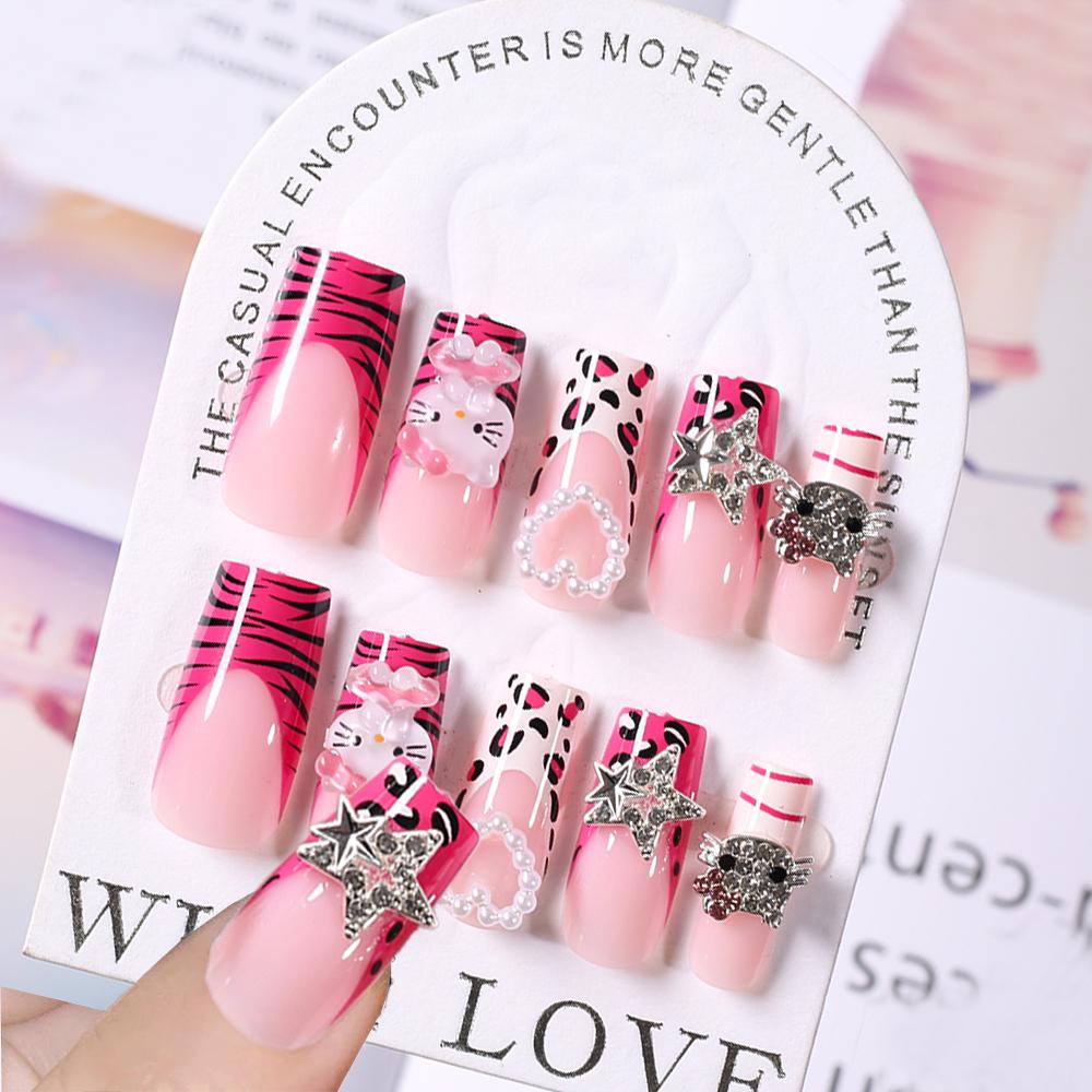 24Pcs Pink French Leopard Hello Kitty False Nails 3D Y2k Star Heart Kitty Cat Rhinestones Press On Nails Cute Cartoon Fake Nails