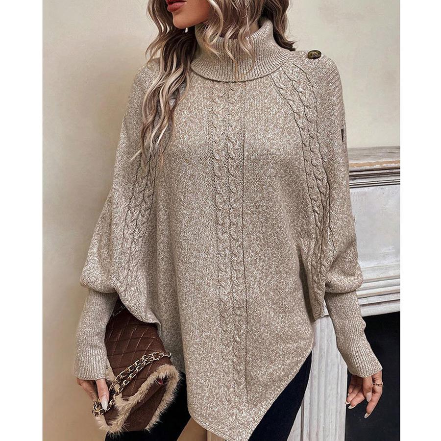 Autumn Winter New Knitted Sweater Women's Clothing, Cable Knit High Neck Button Long Sleeve Top